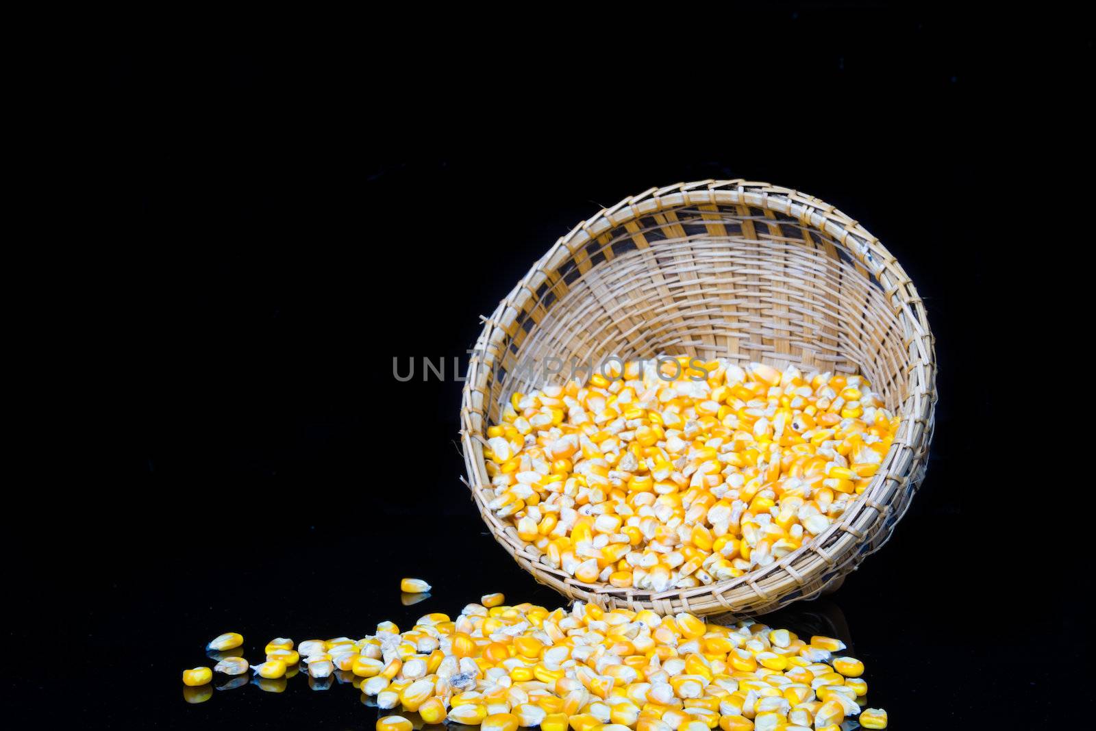 corn and corn seeds in a Basket on black background.