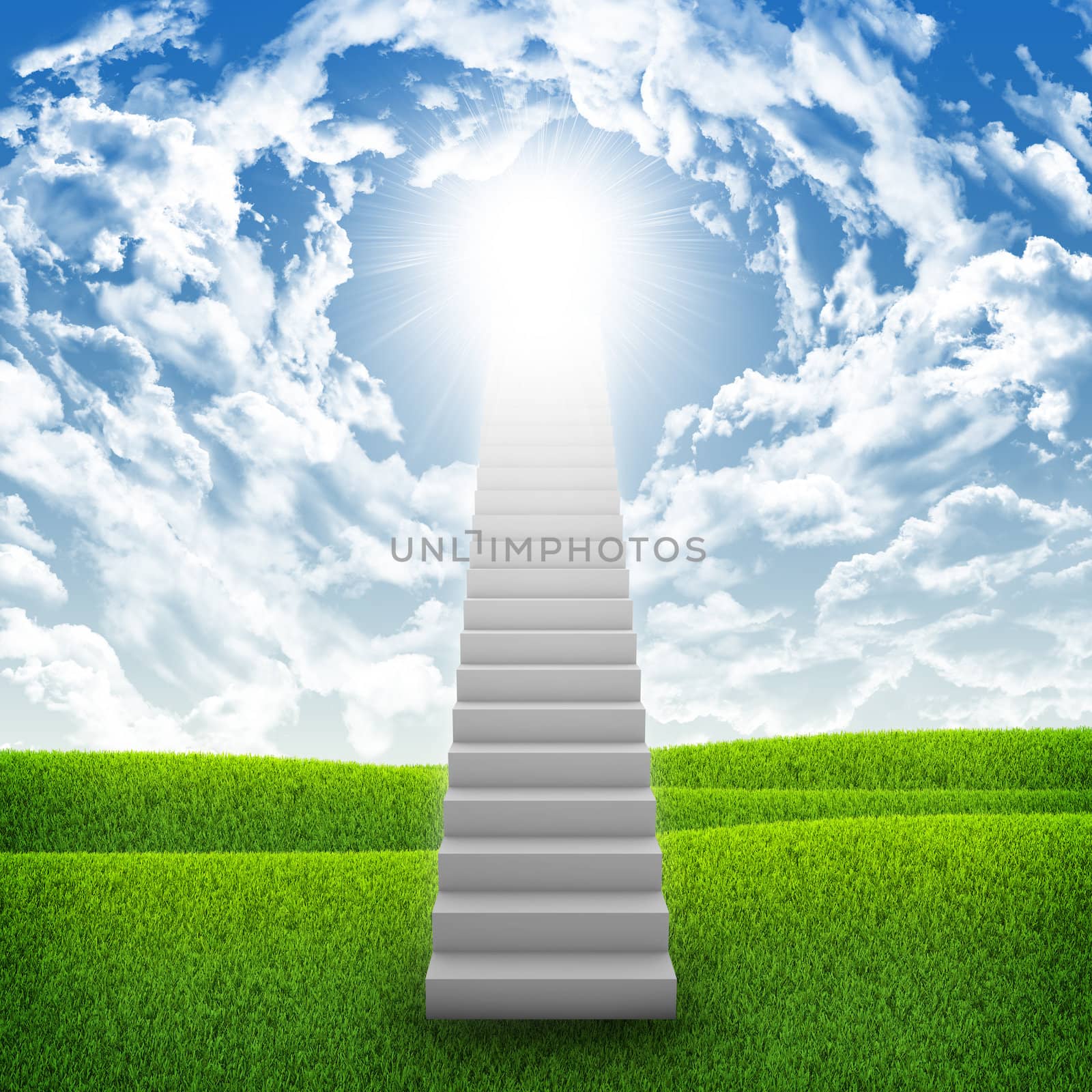 Stairs in sky with green grass, clouds and sun. Concept background