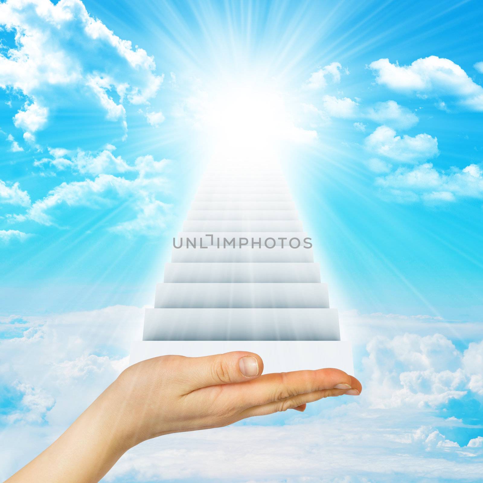 Hand hold stairs in sky with clouds and sun. Concept background