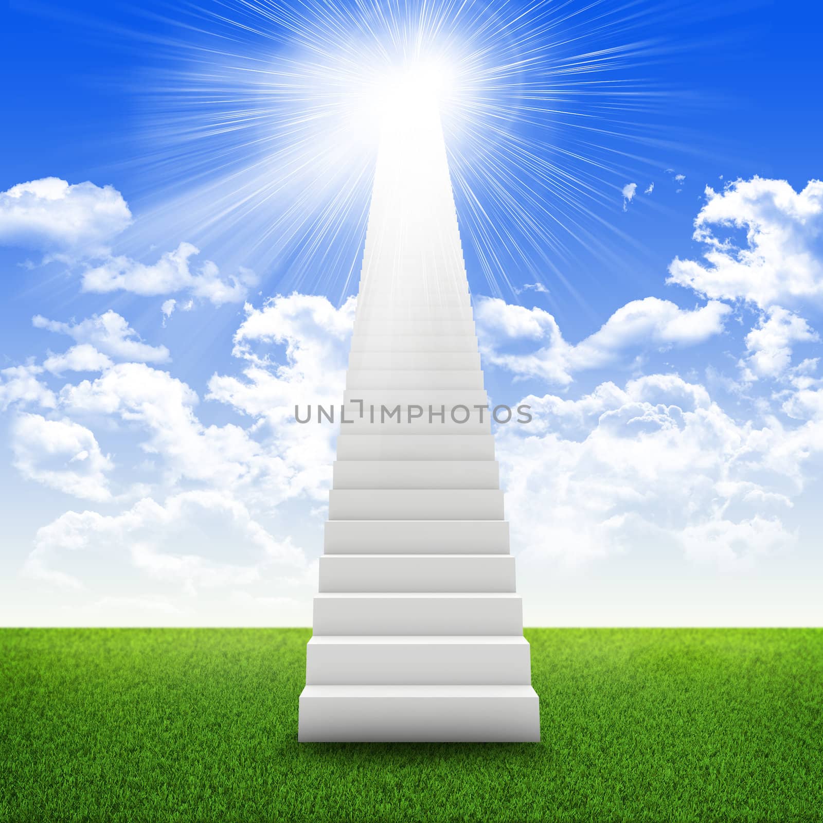 Stairs in sky with green grass, clouds and sun. Concept background