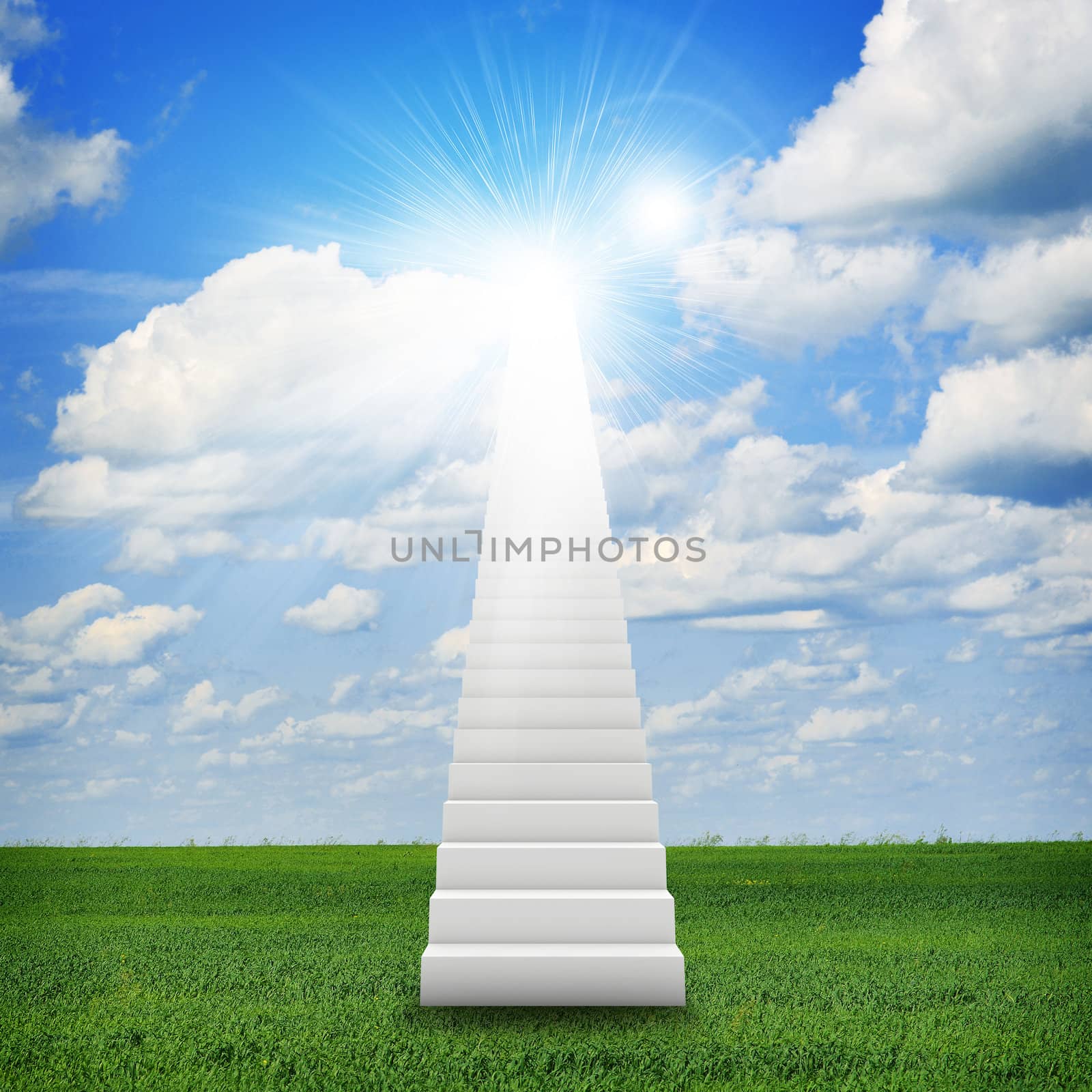 Stairs in sky with green grass, clouds and sun. Concept background