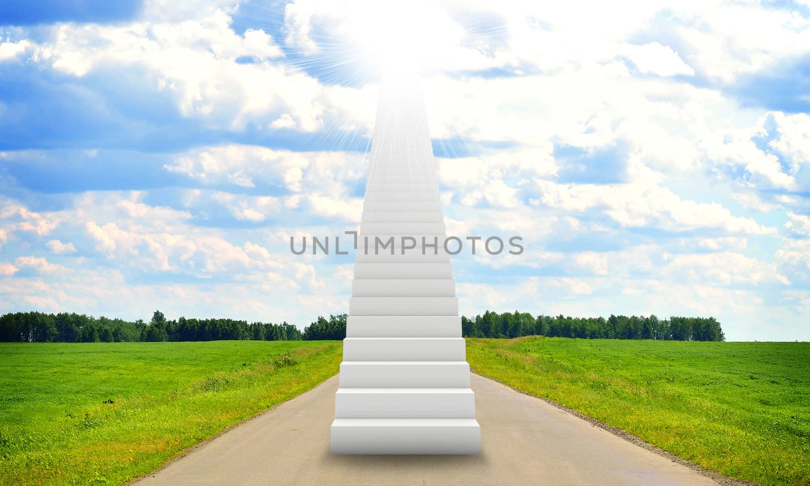 Stairs in sky with green grass, road and clouds. Concept background