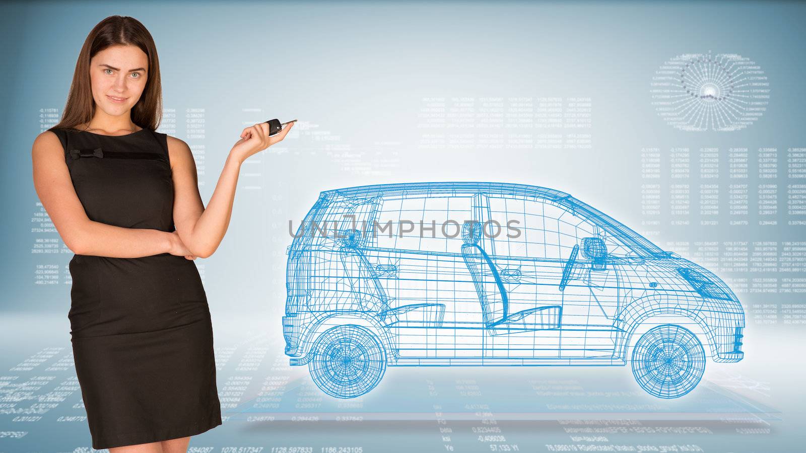 Businesswoman with key and wire frame car. High-tech graphs at backdrop