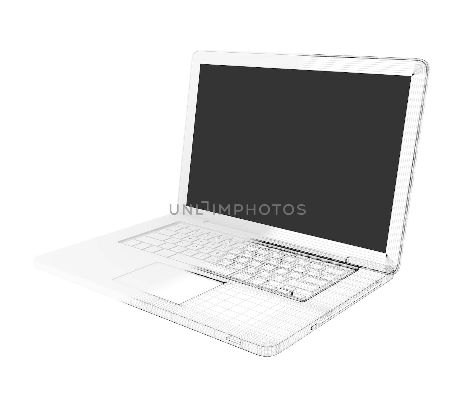 Half of the laptop - wire-frame. Isolated render on a white background