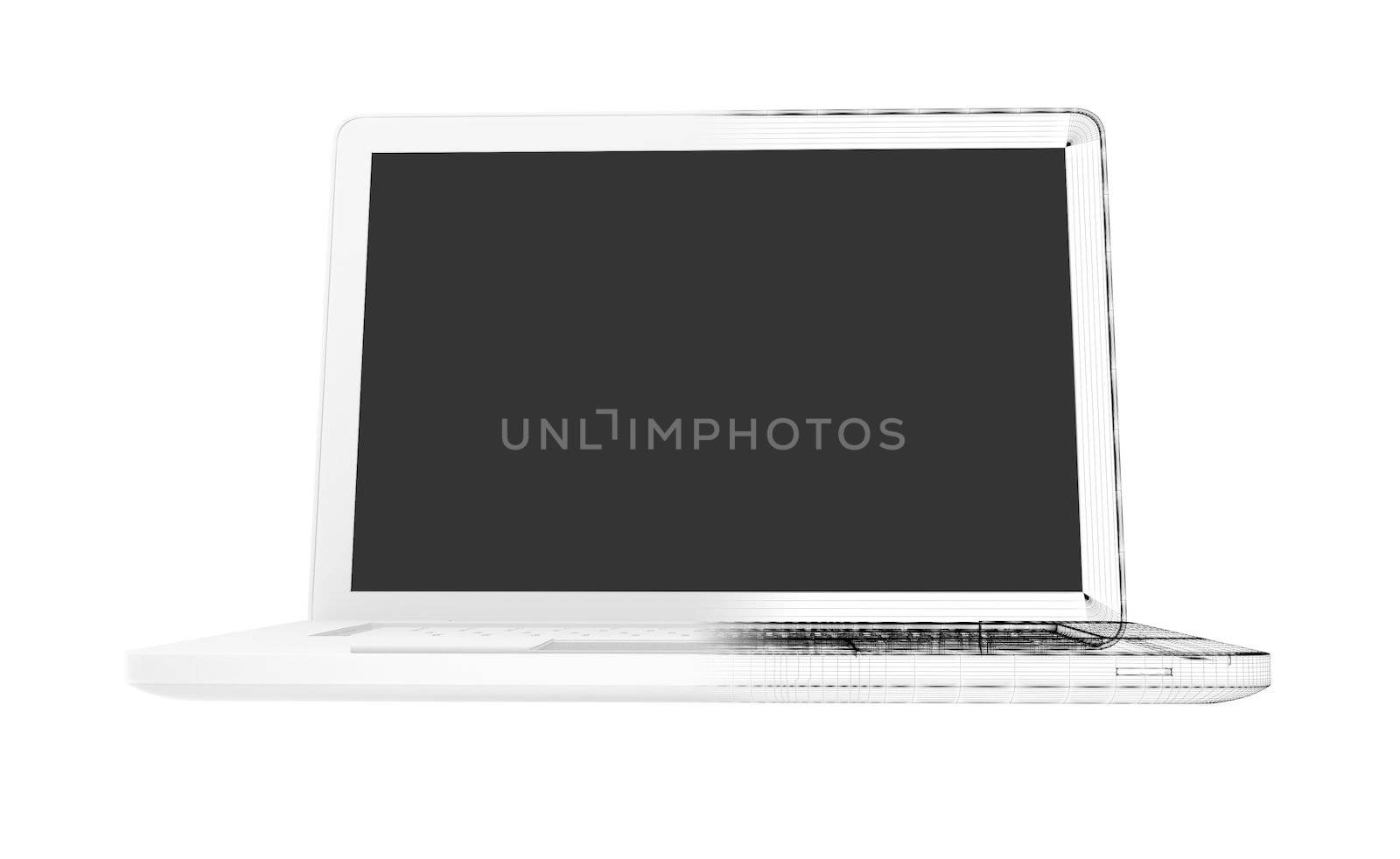 Half of the laptop - wire-frame. Isolated render on a white background