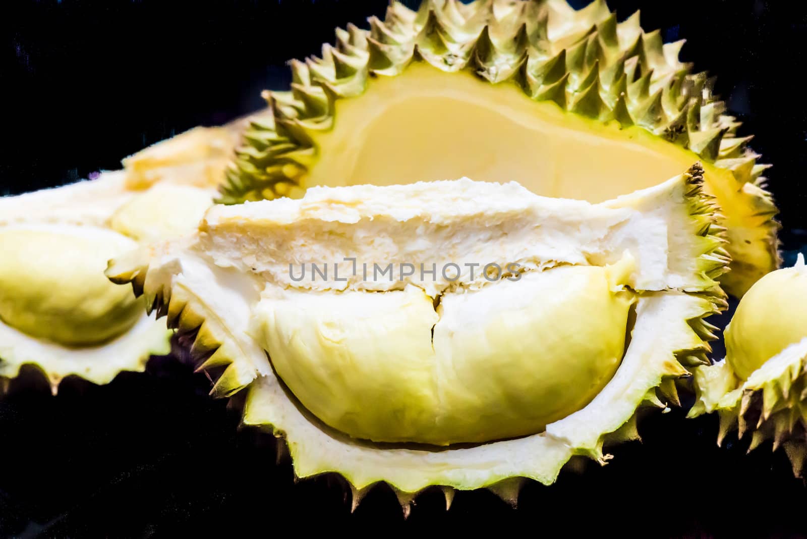 Durian, King of fruit, Tropical fruit, Close up of peeled durian, Fresh fruit.