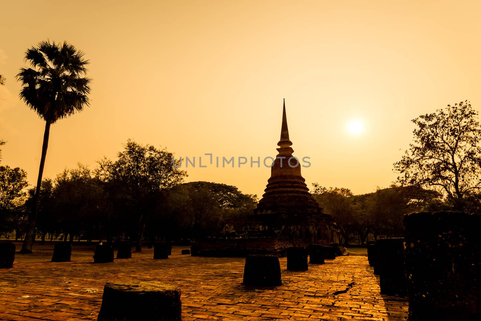 Silhouette Sukhothai ruin old city country Thailand on sunset.