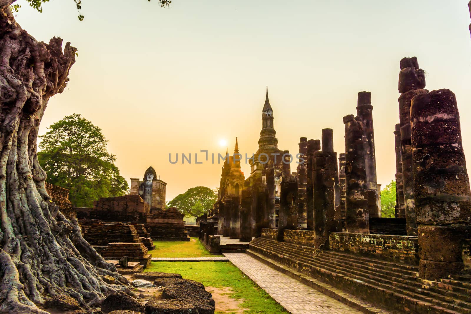 sunset at Sukhothai ruin old city country Thailand