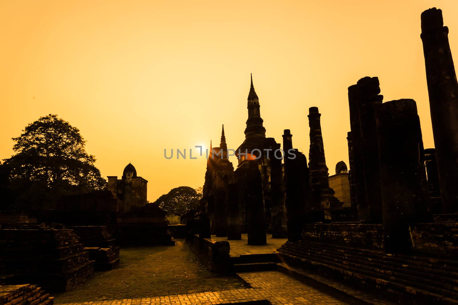 Silhouette Sukhothai ruin old city country Thailand on sunset.