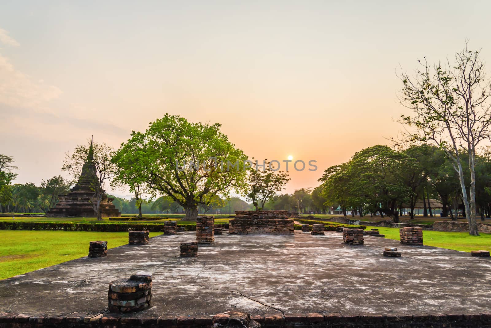 sunset at Sukhothai ruin old city country Thailand