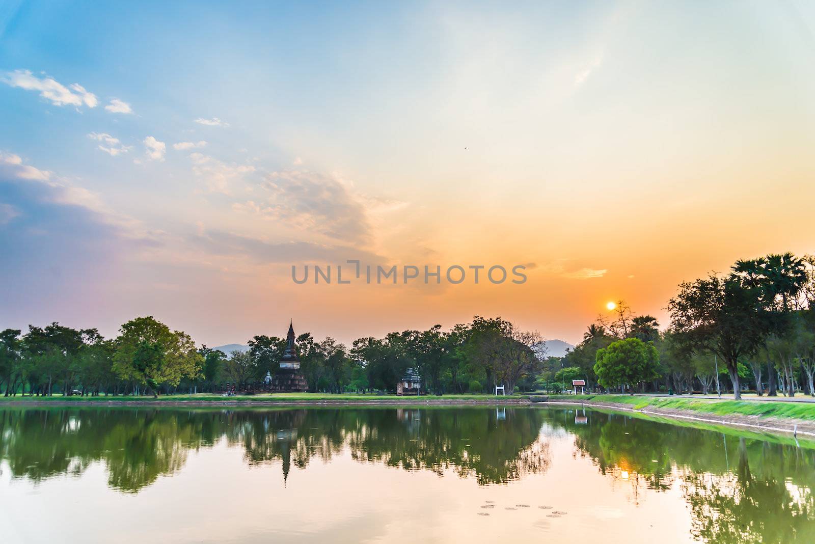 sunset at Sukhothai ruin old city country Thailand