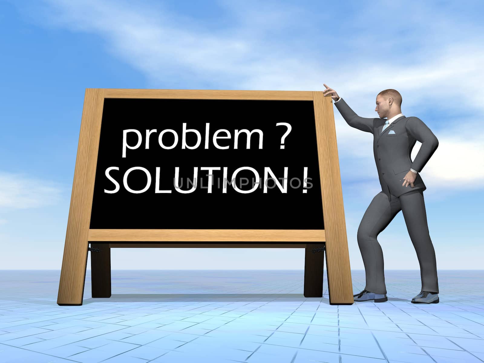 Businessman standing next to a blackboard with message for solution by beautiful day - 3D render