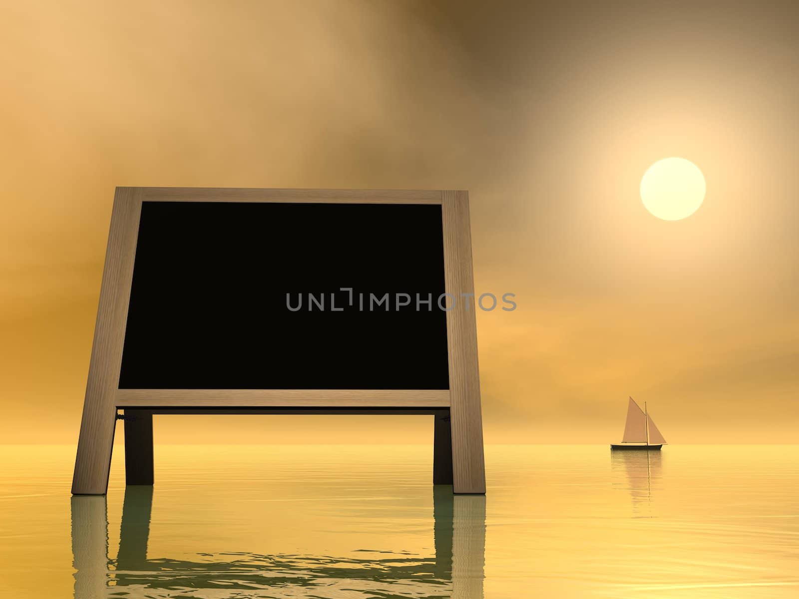 Blank blackboard for message upon water with sailing boat in the background by sunset - 3D render