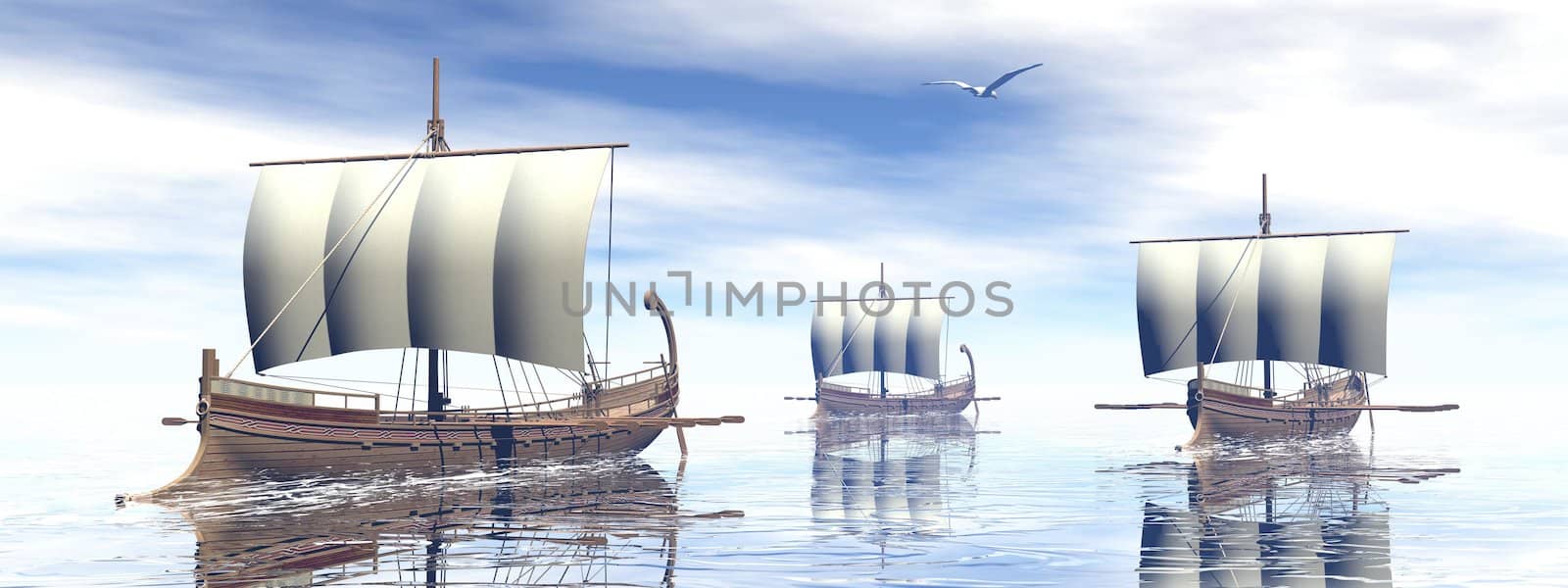 Three ancient greek boats floating on the ocean by day - 3D render