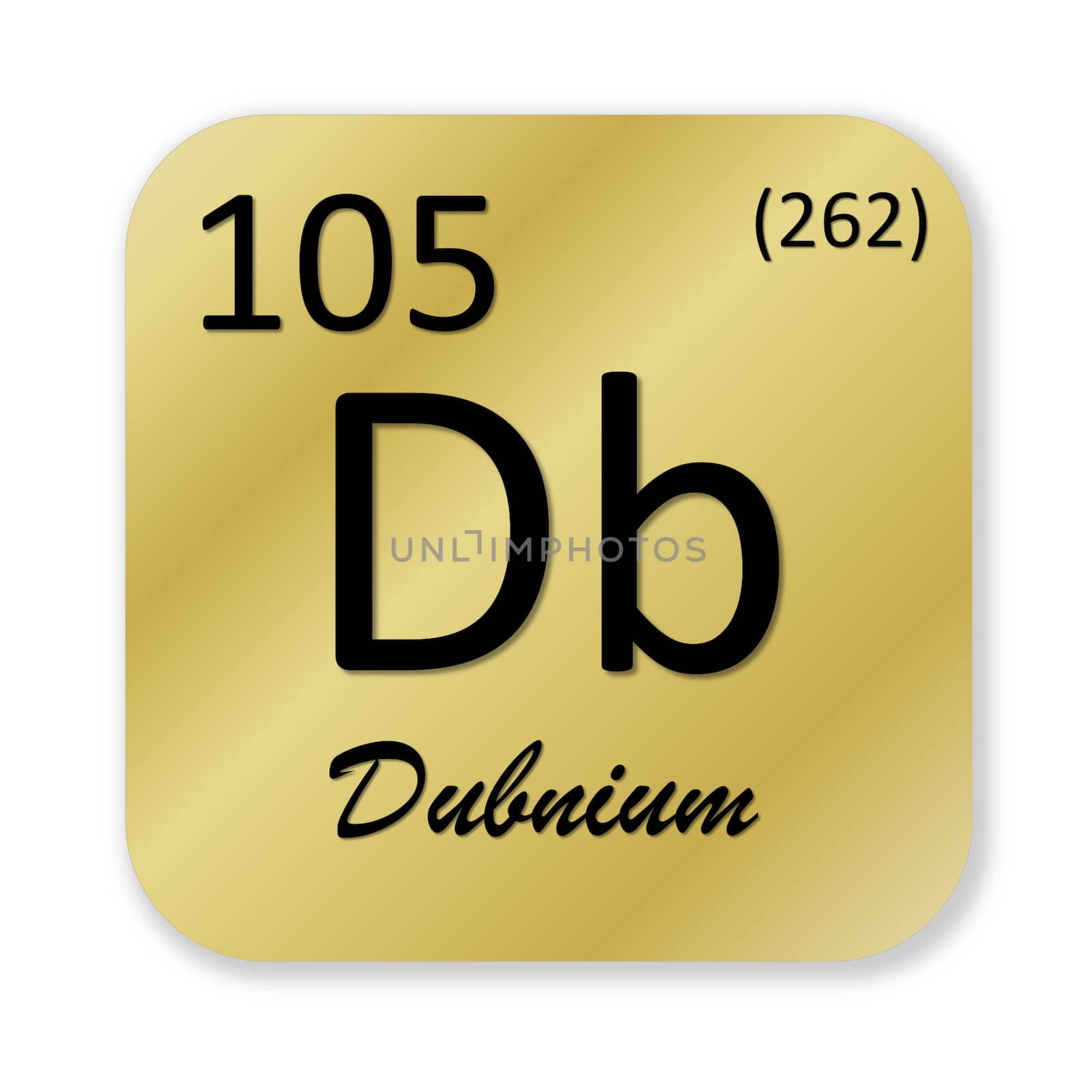 Black dubnium element into golden square shape isolated in white background
