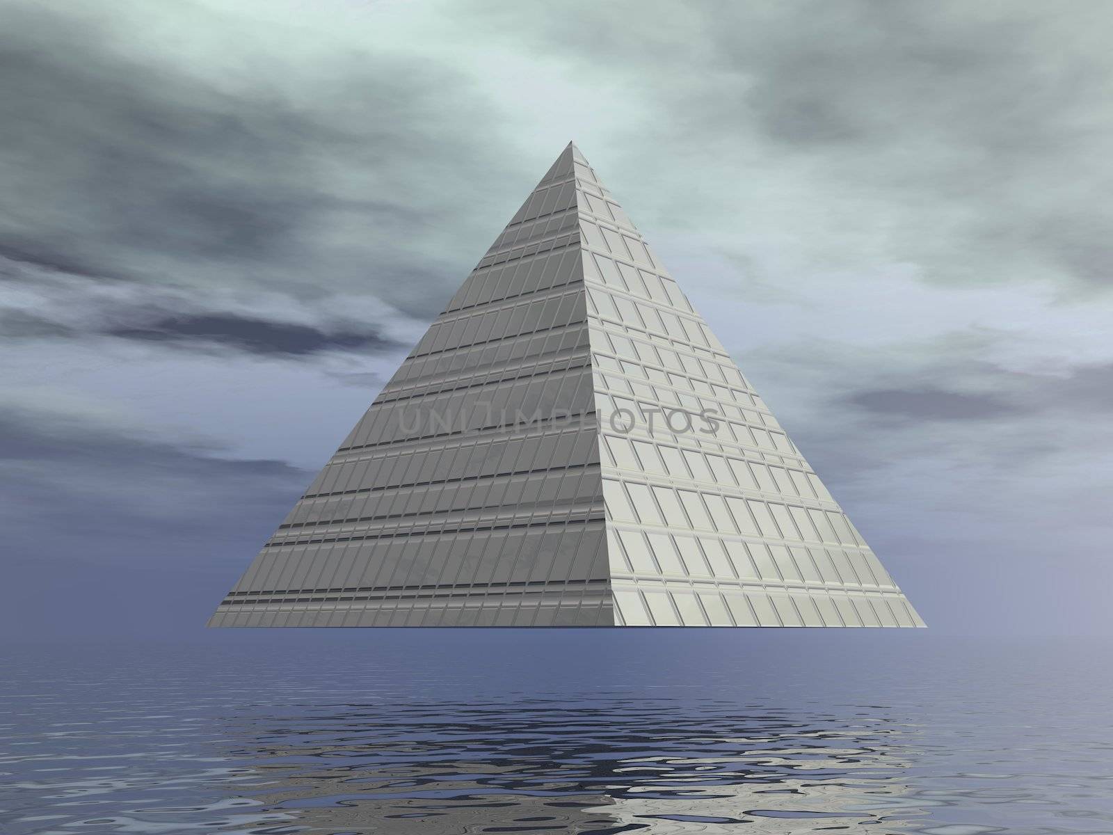 Grey metallic pyramid in blue background - 3D render
