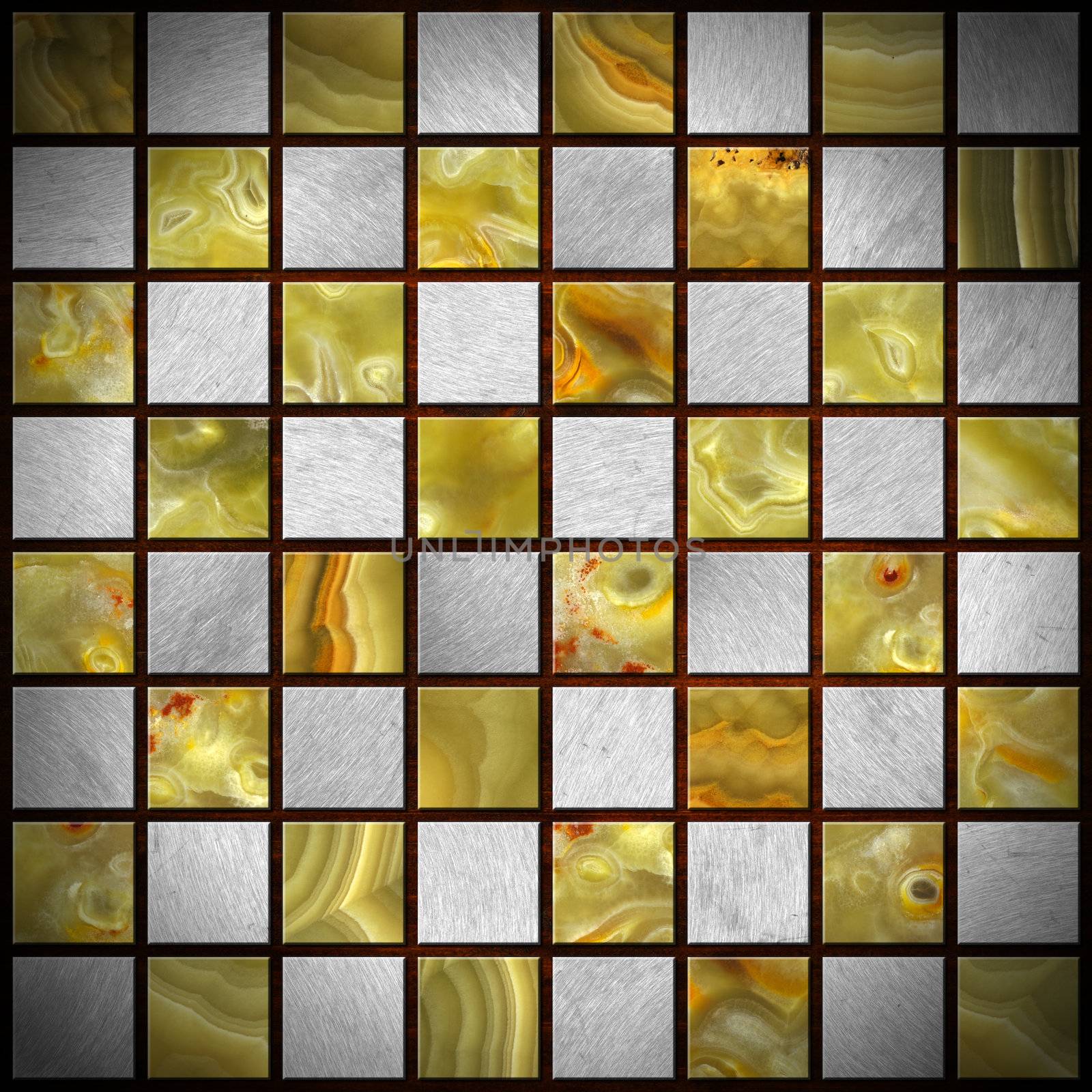 Empty chessboard with squares of gray metal and green, yellow and orange onyx