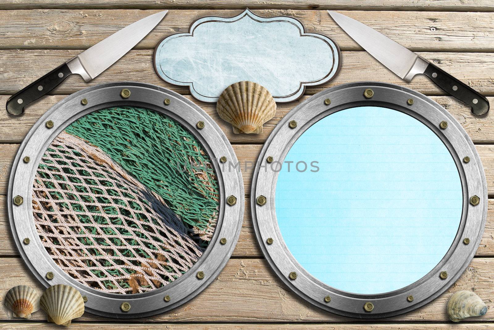 Two metal portholes with fishing net, kitchen knife, empty label and seashells, template for recipes or seafood menu