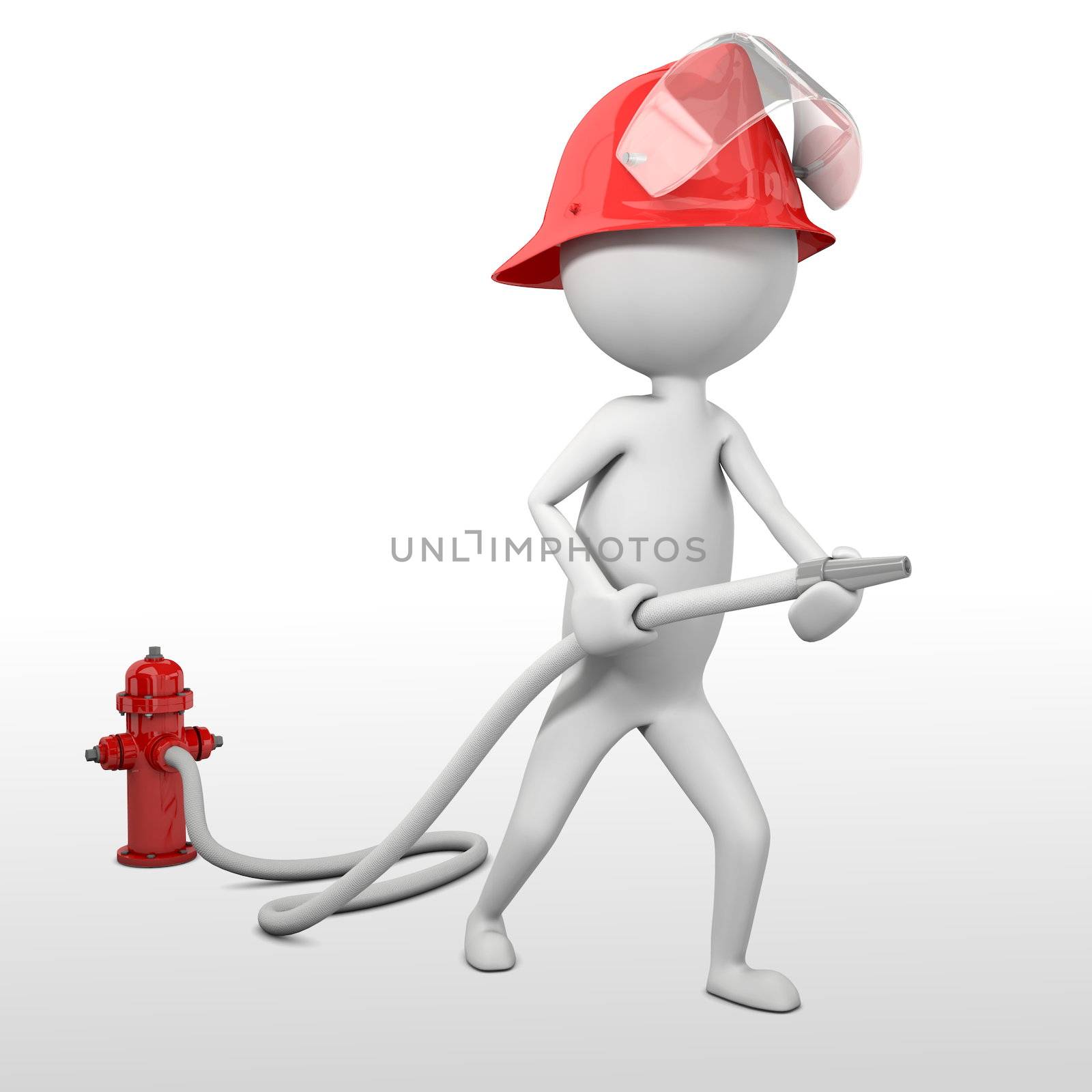 Firefighter in red helmet with a hose
