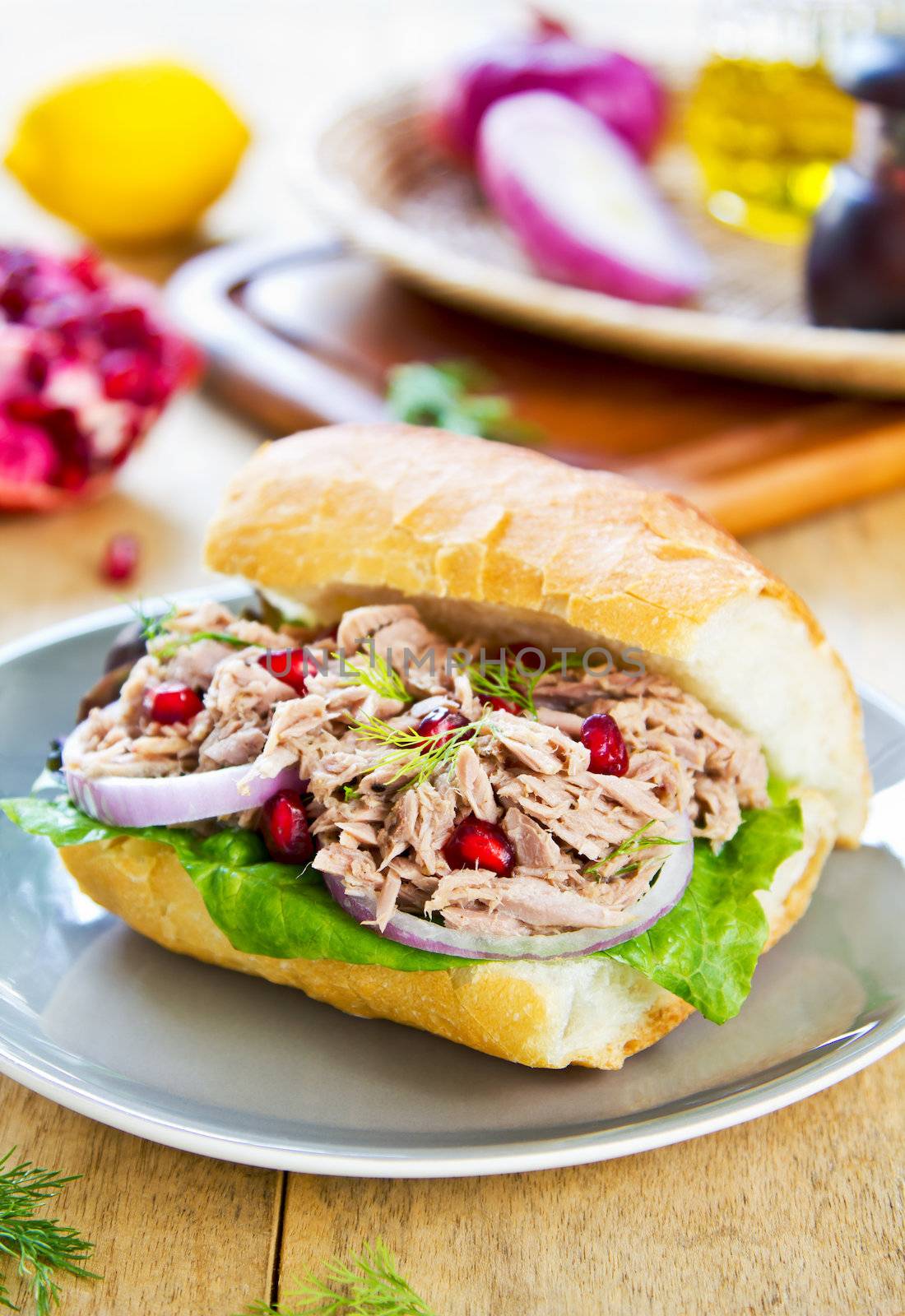 Tuna with Dill and Pomegranate on Baguette sandwich