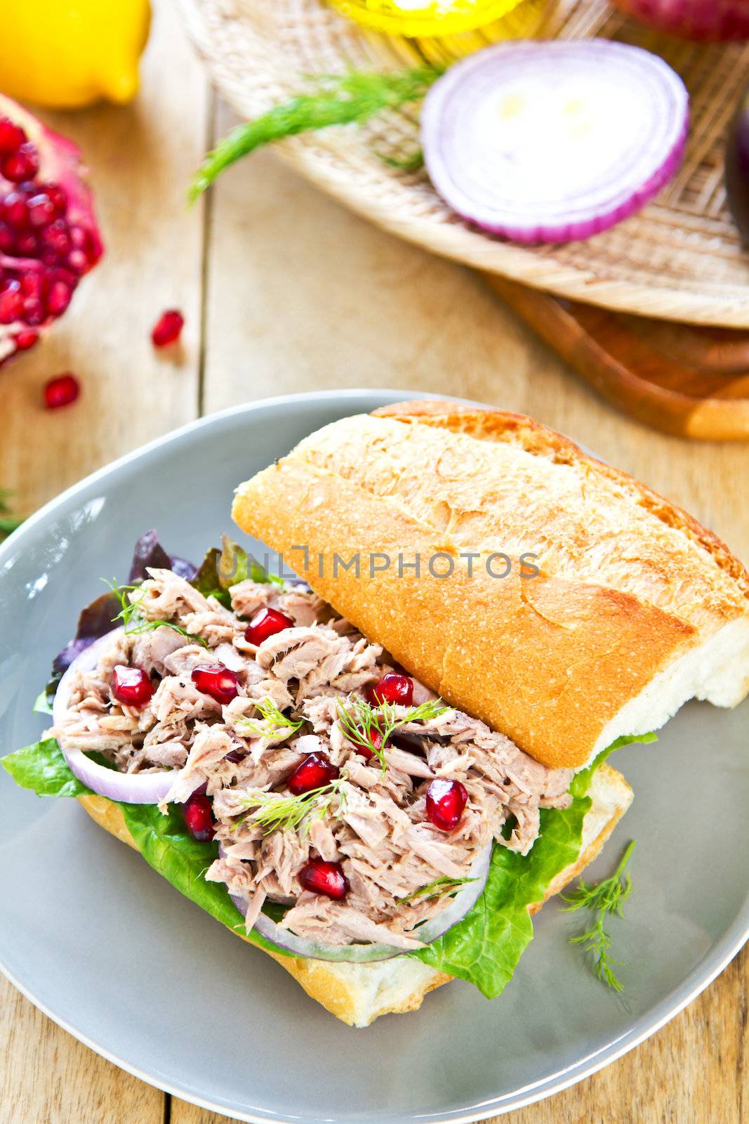 Tuna with Dill and Pomegranate on Baguette sandwich