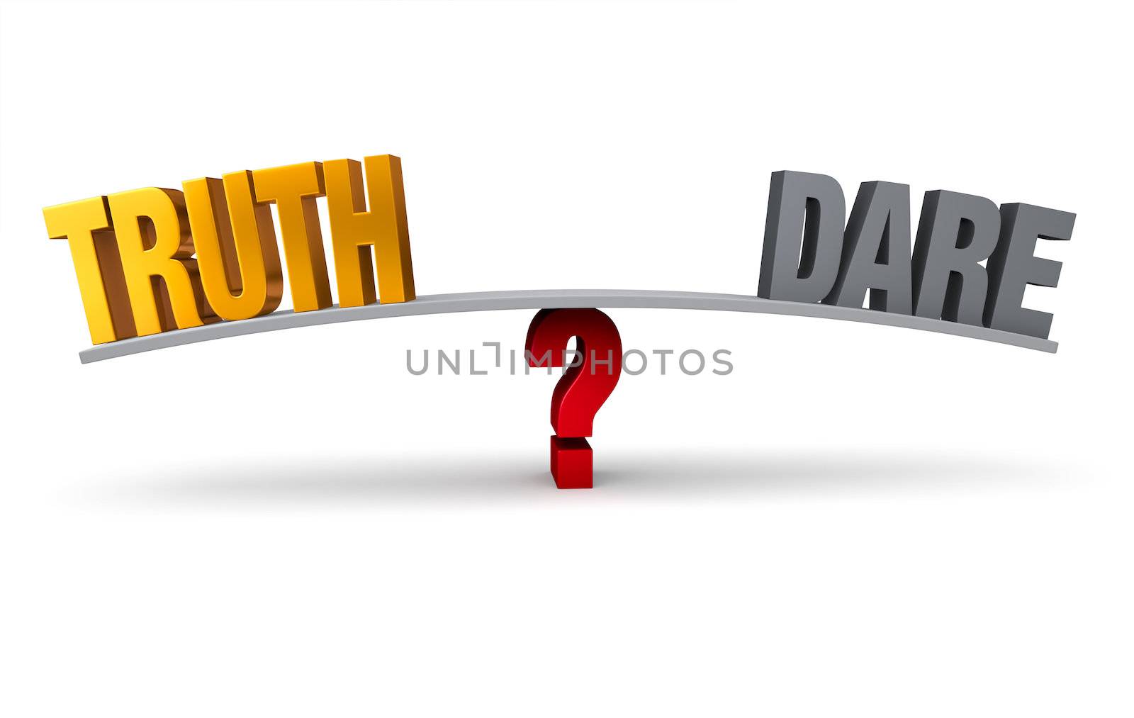 Bright, gold "TRUTH" and dark gray "DARE" sit on opposite ends of a gray board which is balanced on a red question mark. Isolated on white.