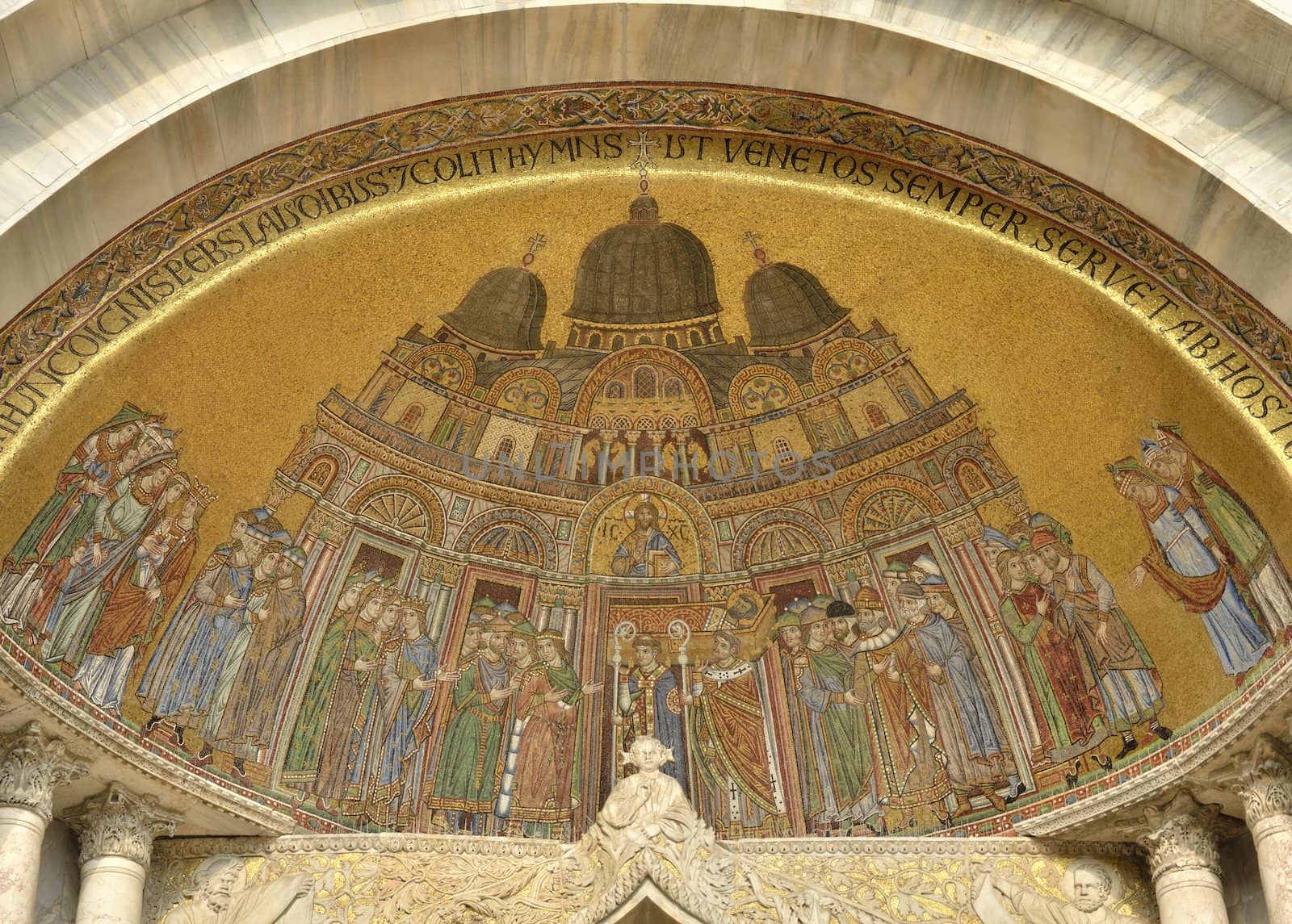 Detail of Frescoes on the front of Basilica of Saint Mark in Venice, Italy.
