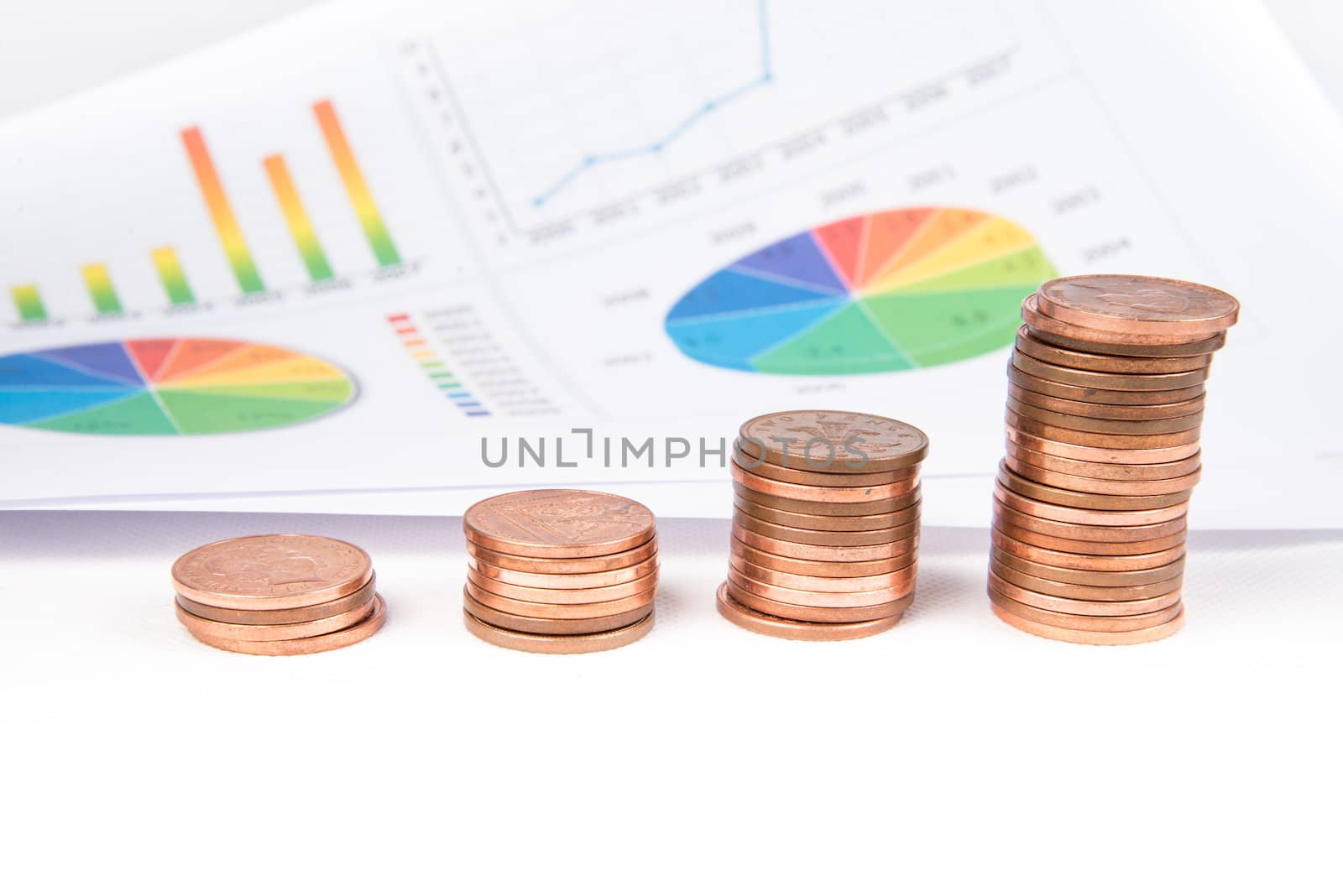 British pound sterling coins and notes with financial chart in background