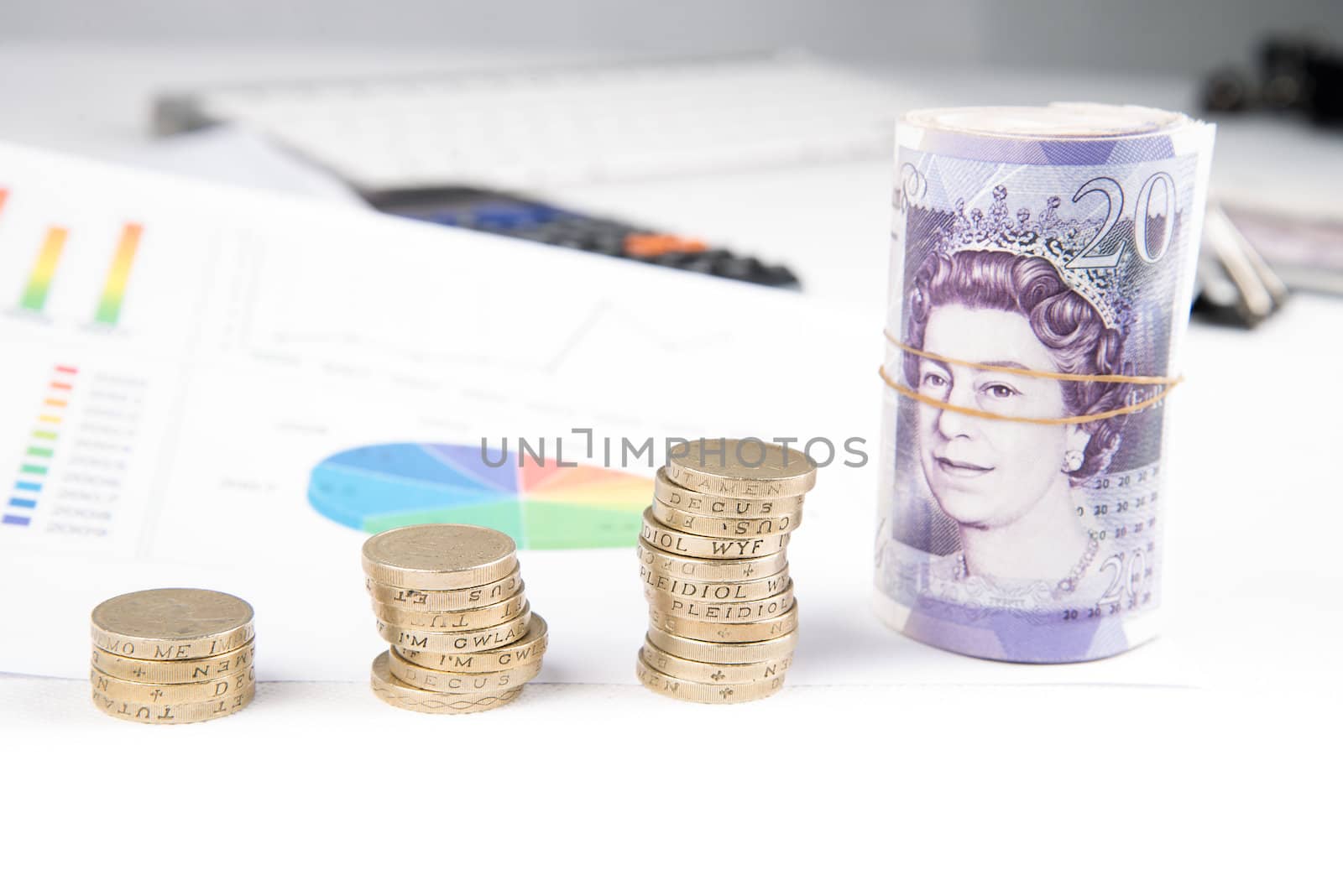 British pound sterling coins and notes with financial chart in background
