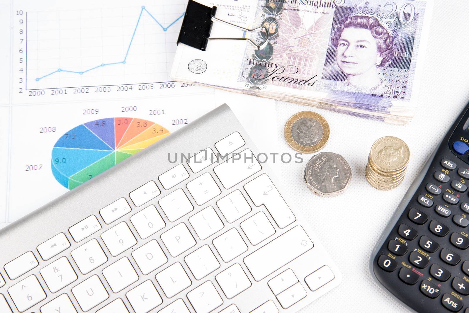 British pound sterling coins and bank notes on desk
