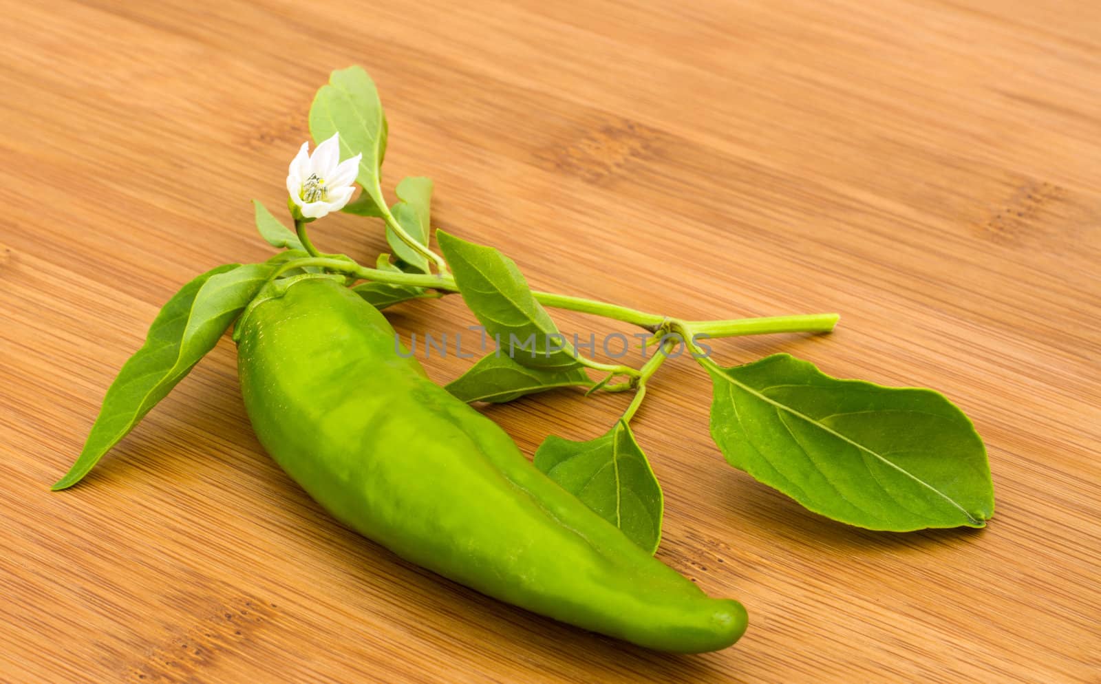 Chili Pepper on a bamboo chopping board with a flower 