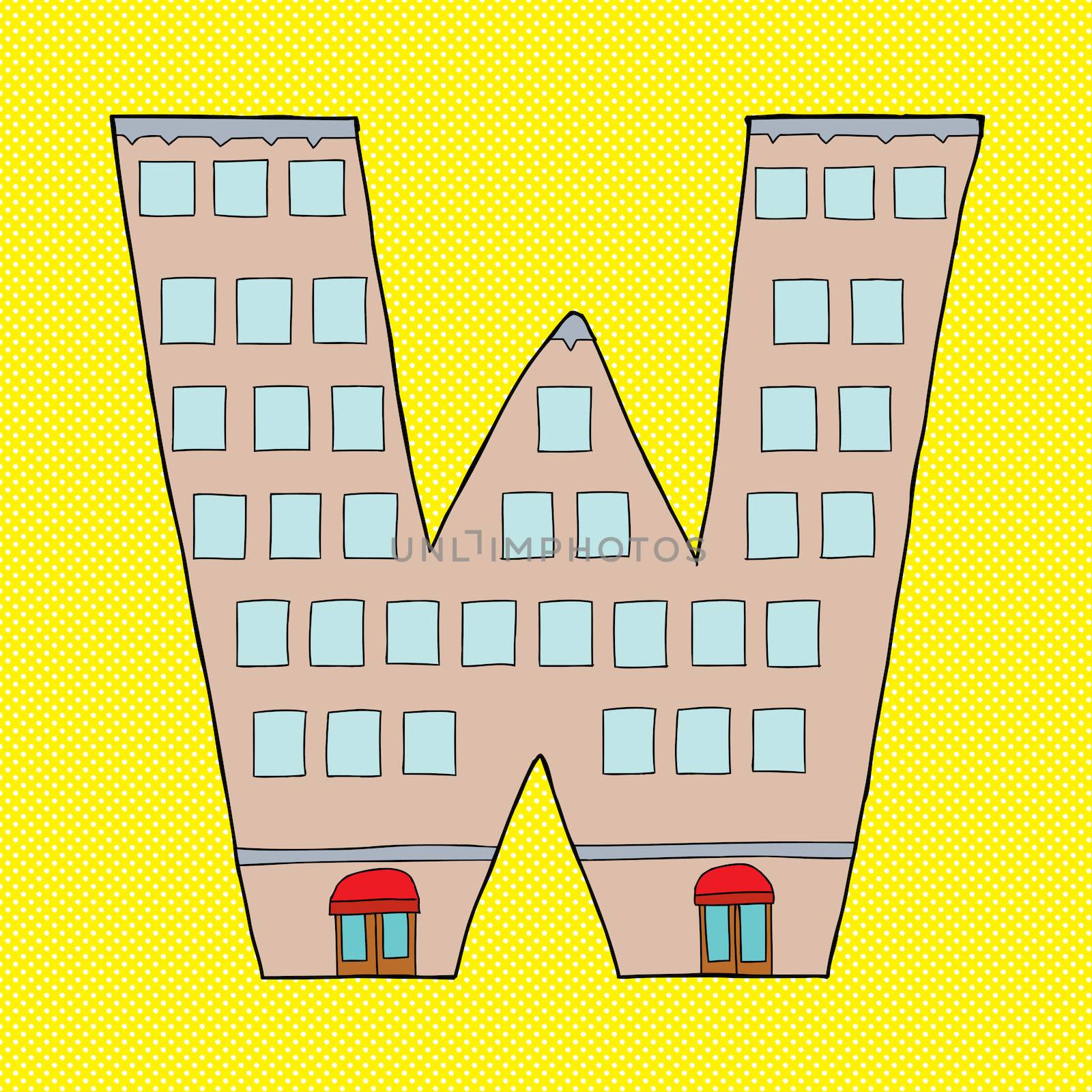 W letter in shape of tall hotel building