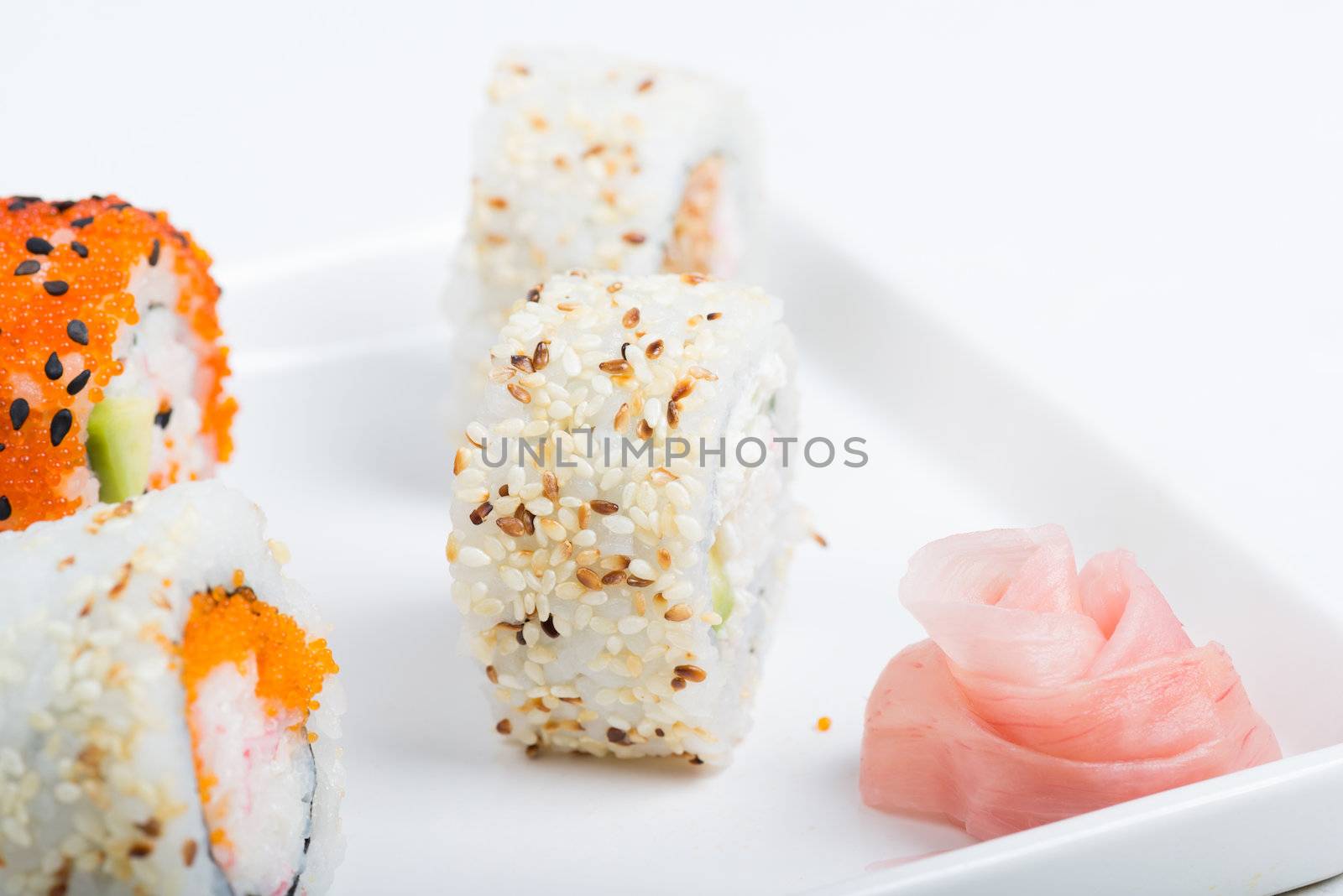 Sushi set with ginger rose on the plate