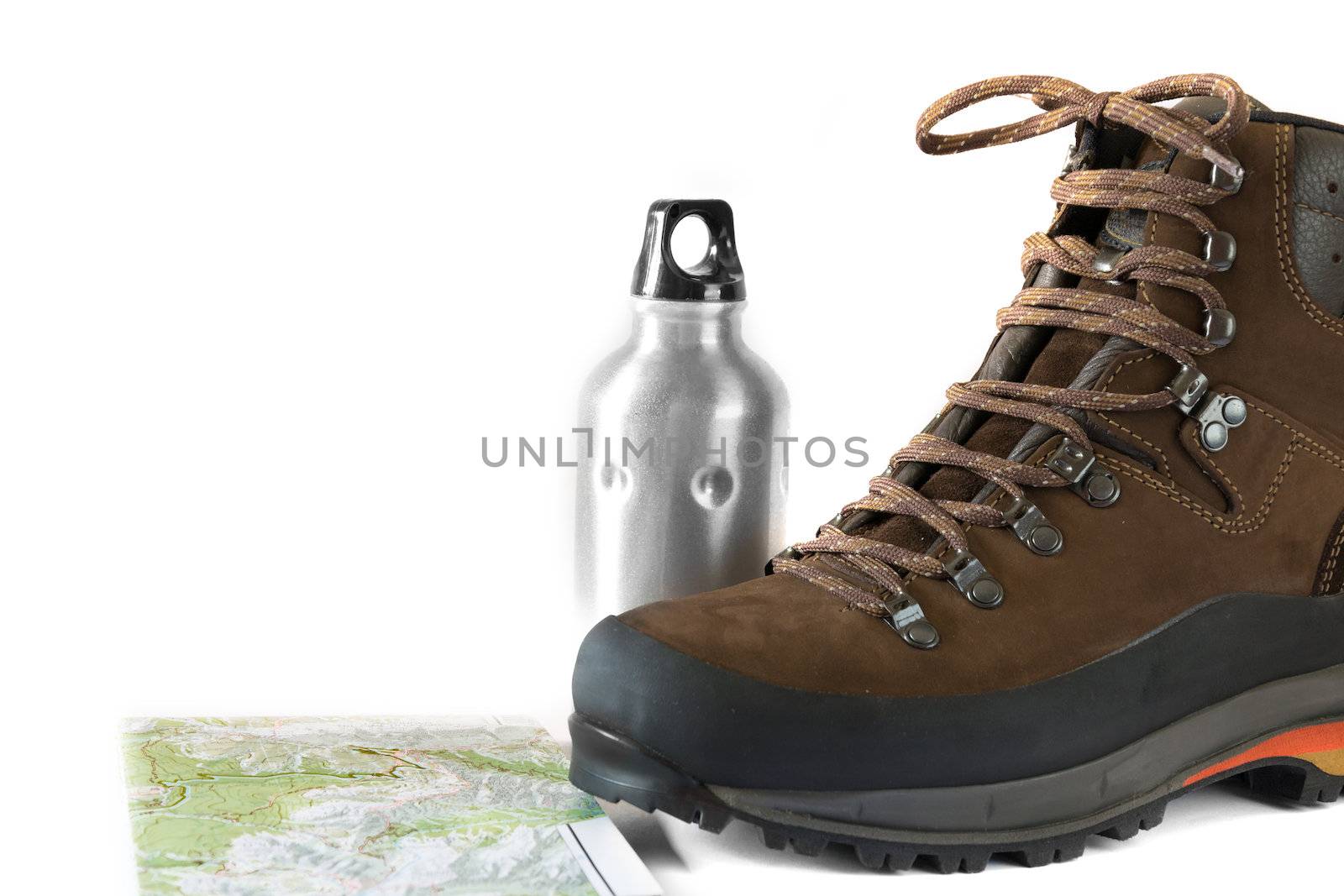 hiking boot with a water bottle and a topographic map