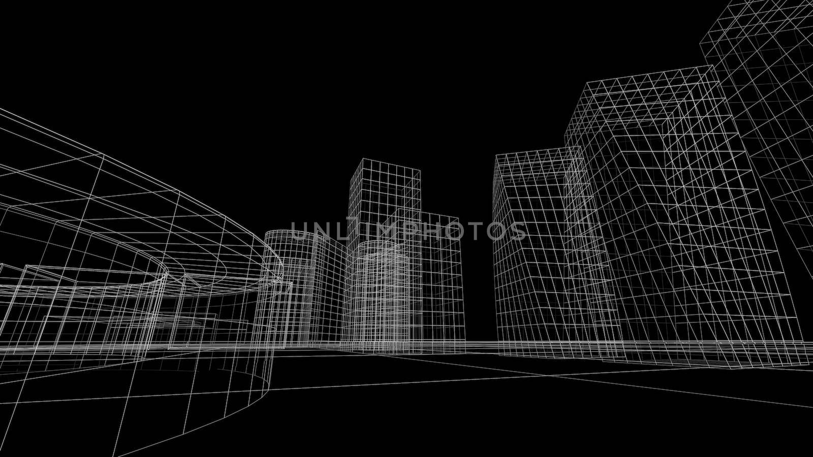 Wireframe view of some buildings with a black background by enrico.lapponi