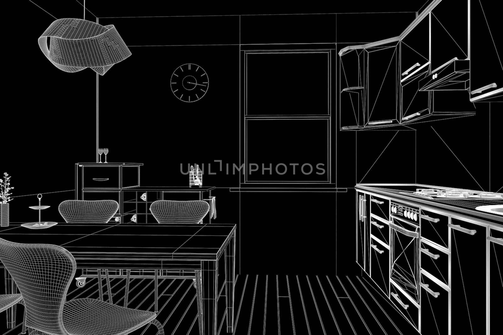 3D render of a kitchen in wireframe view by enrico.lapponi