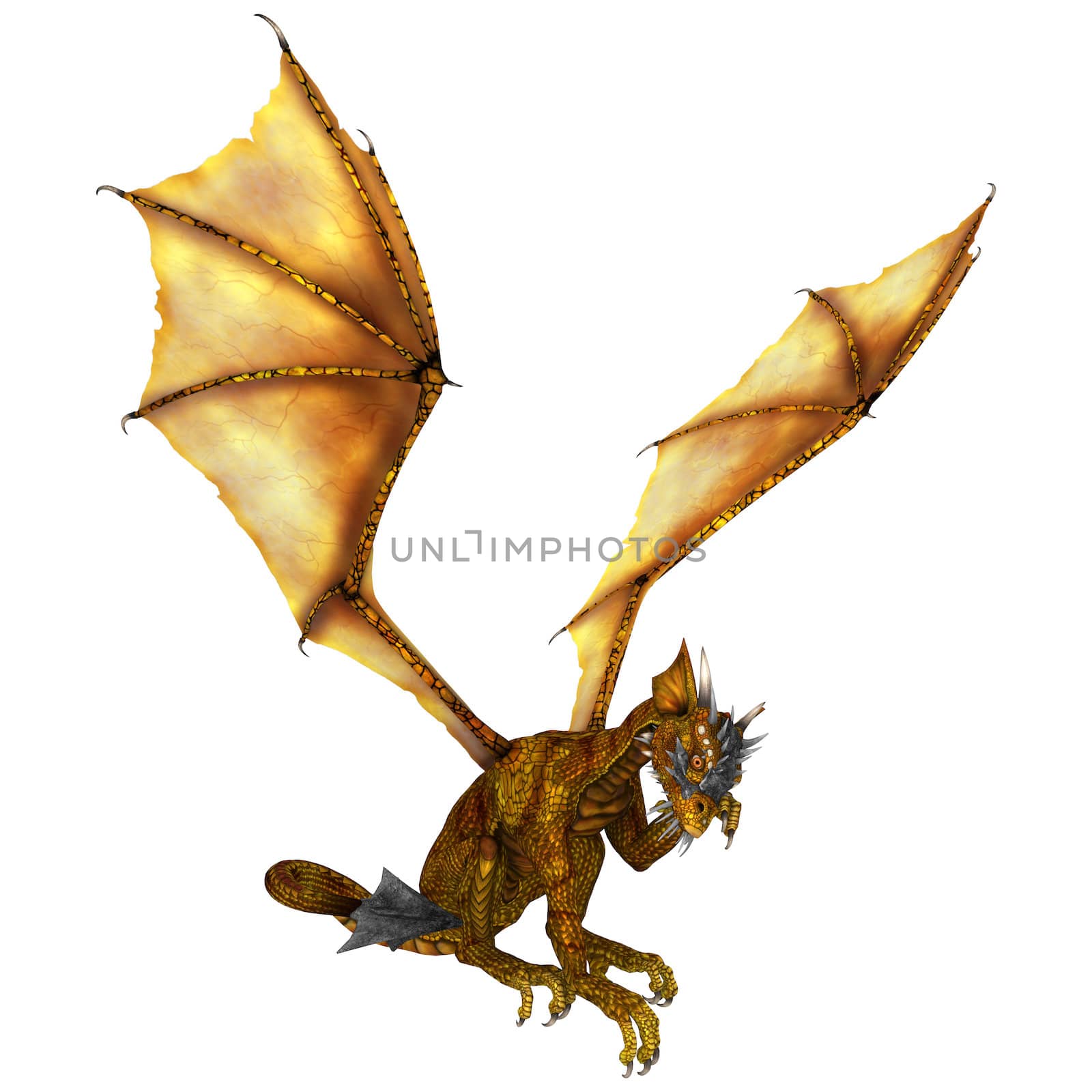 3D digital render of a cute little golden dragon isolated on white background
