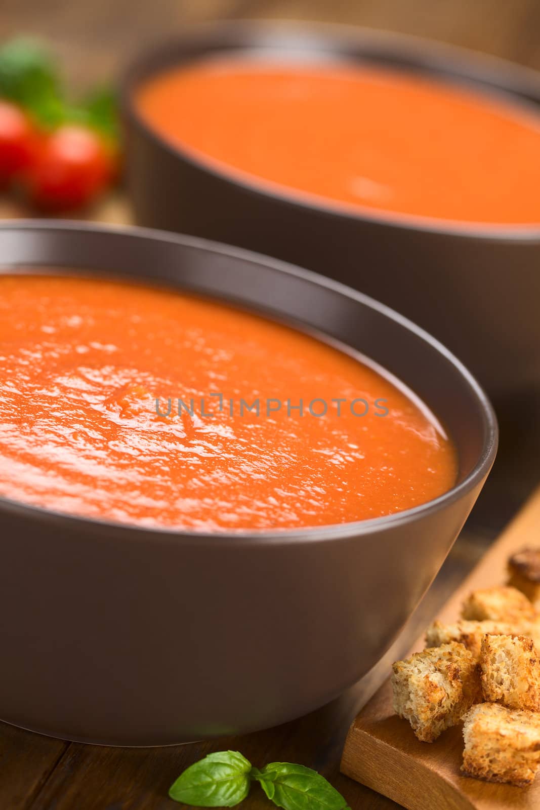Fresh homemade tomato soup in brown bowls on dark wood with wholegrain croutons on the side (Selective Focus, Focus one third into the soup) 