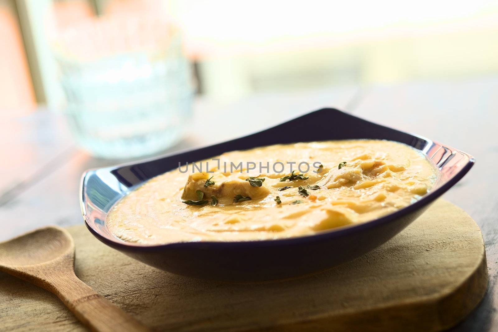 Thick yellow split pea soup with chicken and some oregano leaves on top served in blue soup plate on wooden board (Selective Focus, Focus one third into the soup)