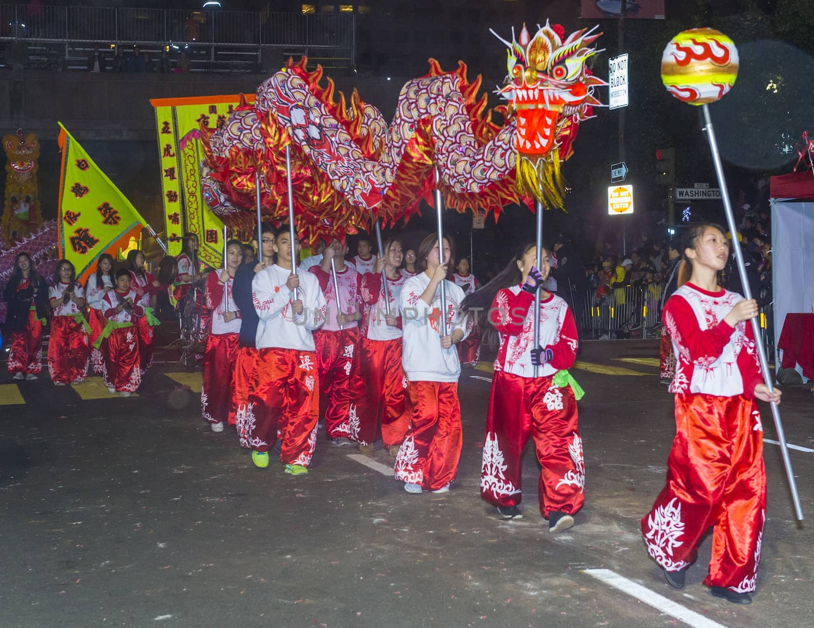 SAN FRANCISCO - FEB 15 : An unidentified participants in a Dragon dance at the Chinese New Year Parade in San Francisco , California on February 15 2014 , It is the largest Asian event in North America 