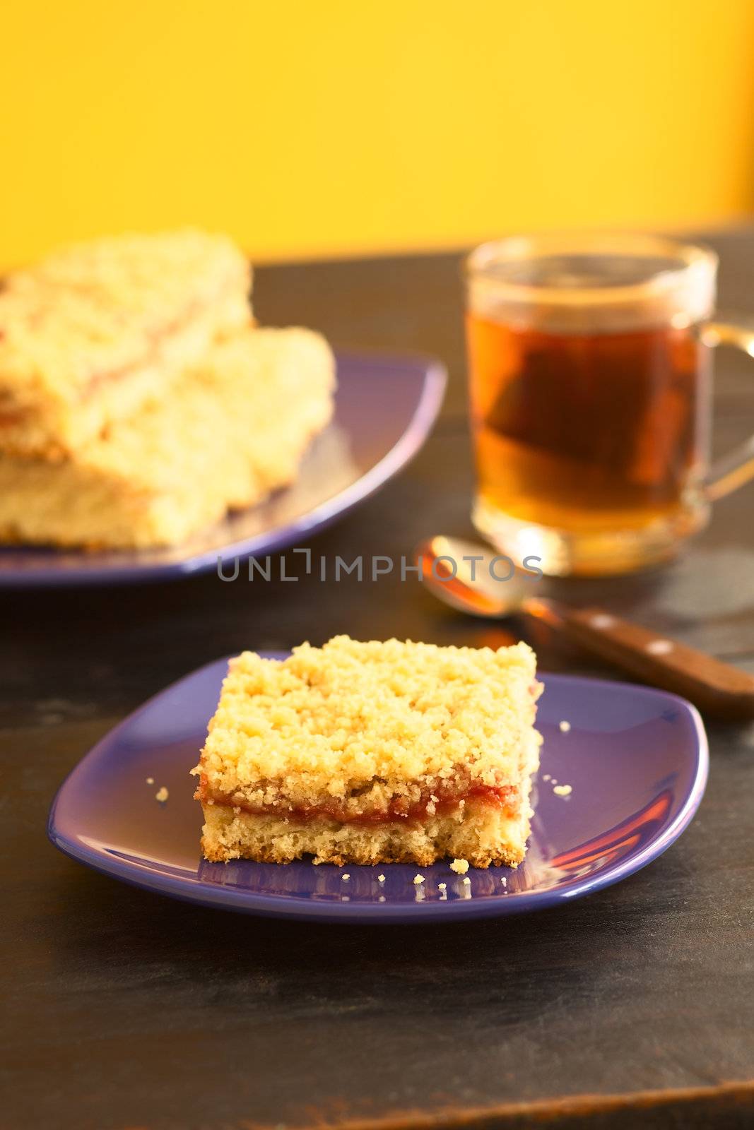 German cake called Streuselkuchen (Crumble cake) made of a yeast dough with jam and crumbles on top (Selective Focus, Focus on the front of the cake piece)