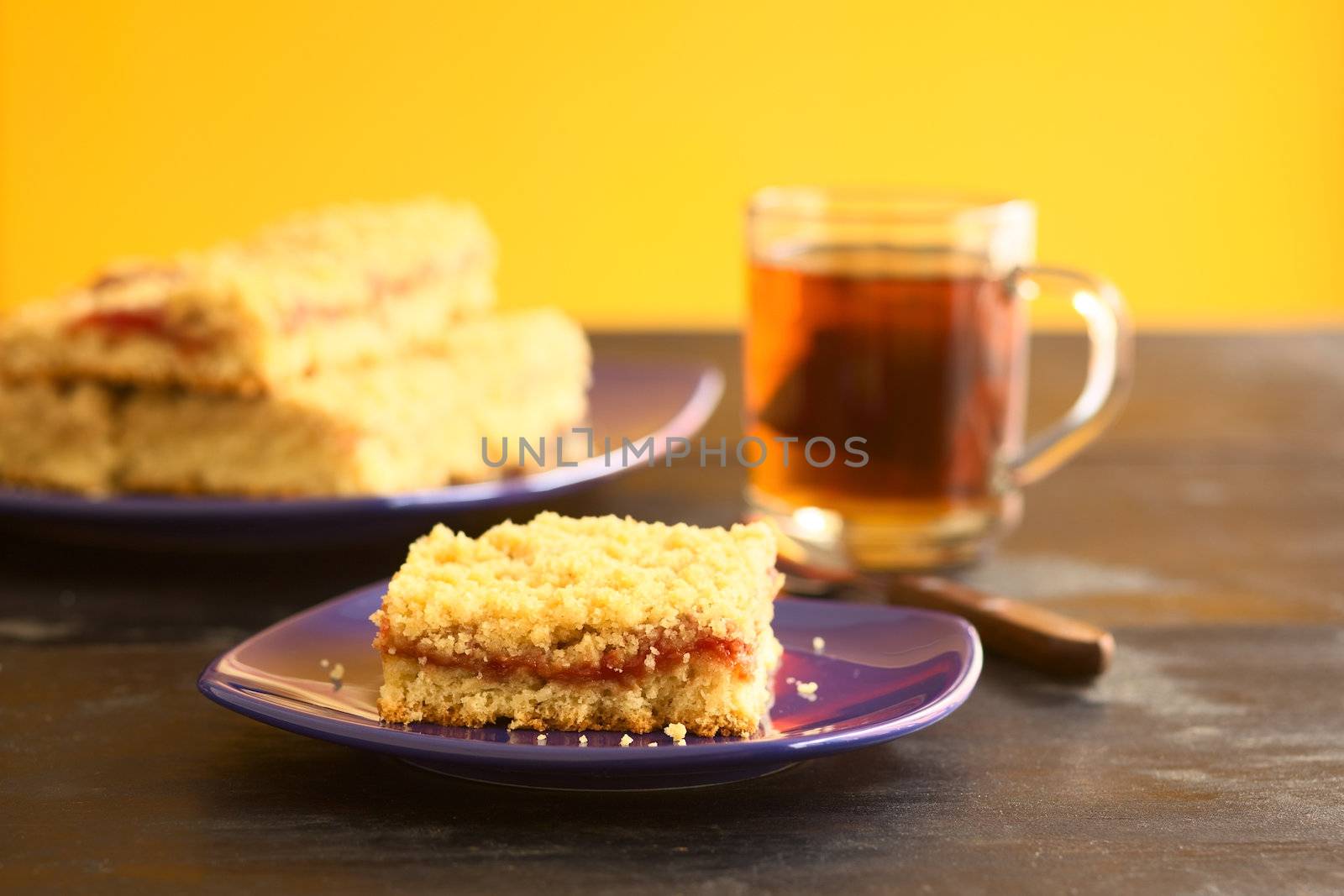 German cake called Streuselkuchen (Crumble cake) made of a yeast dough with jam and crumbles on top (Selective Focus, Focus on the front of the cake piece)