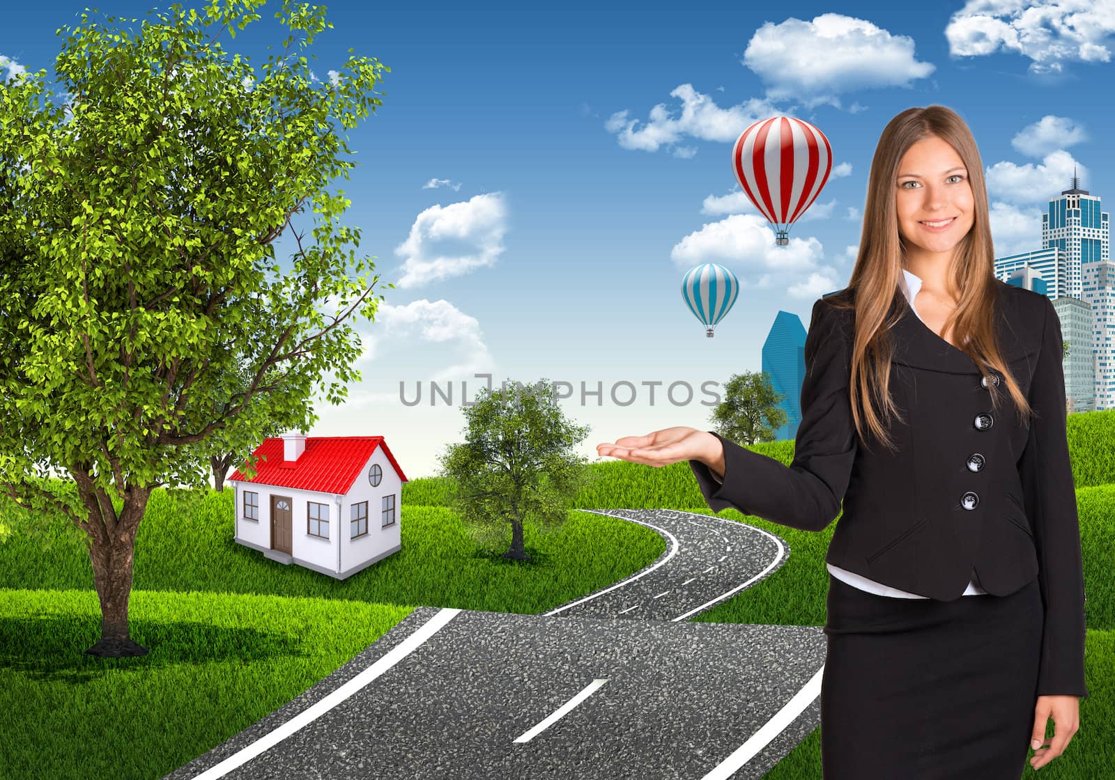 Businesswoman holding empty copy space. Green grass, blue sky and buildings as backdrop