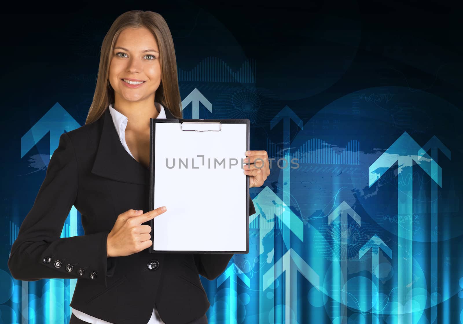 Businesswoman holding paper holder. Graphs and arrows as backdrop