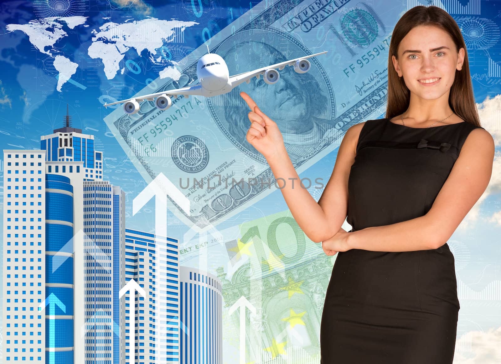 Businesswoman with airplane, skyscrapers and money by cherezoff