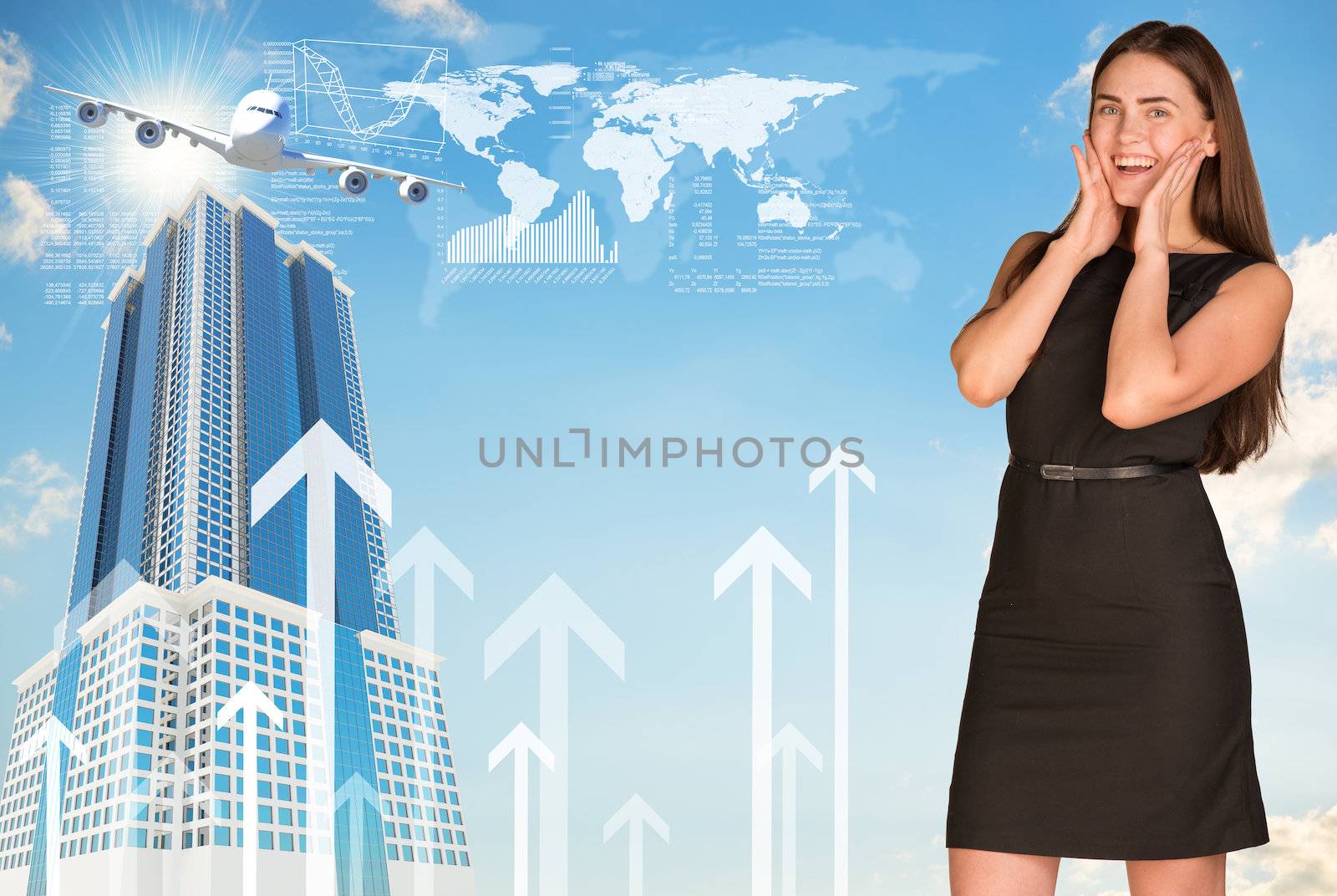 Joyful businesswoman in dress. World map, buildings and arrows as backdrop