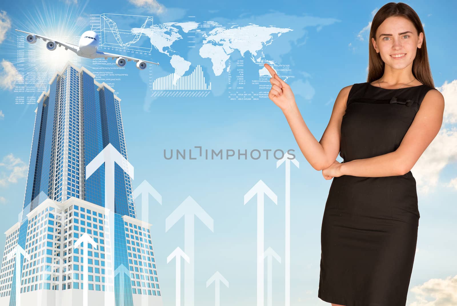 Businesswoman pointing her finger in direction. World map, buildings and arrows as backdrop