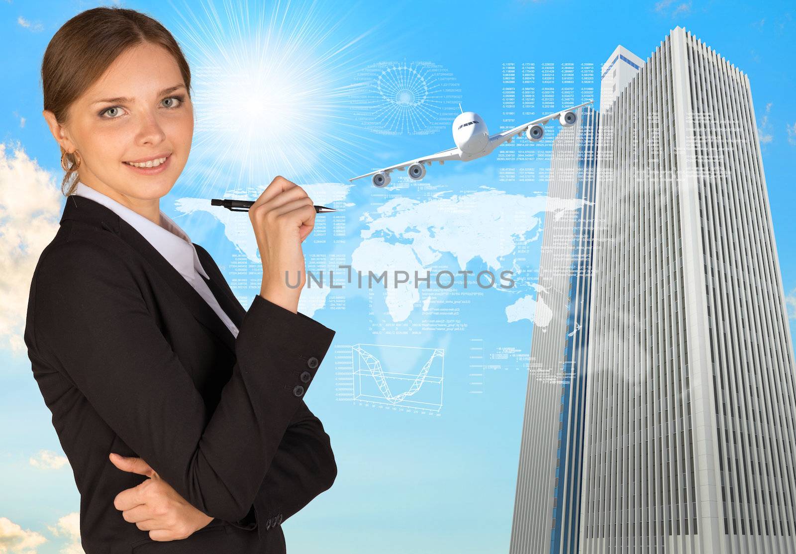 Businesswoman with pen looking at camera. Airplane, skyscrapers and world map as backdrop