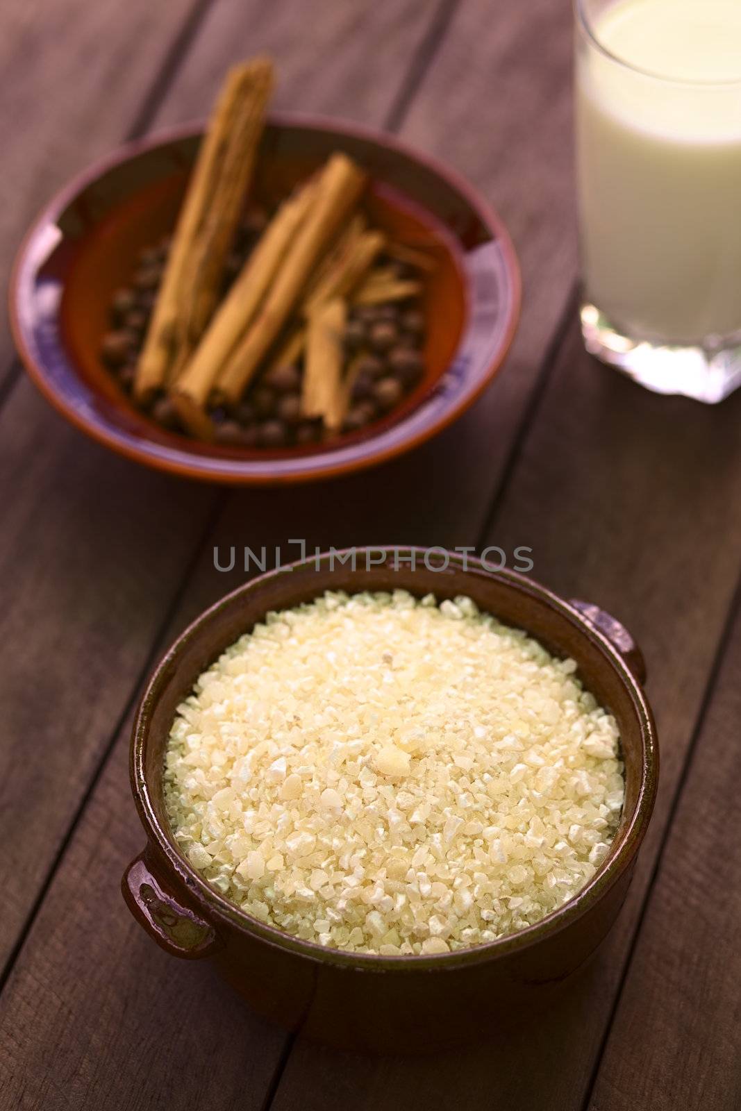 Raw Ecuadorian morocho (coarsely ground white corn) which is used in Ecuador to prepare a dessert with milk and spices similar to rice pudding (Selective Focus, Focus into the middle of the morocho) 