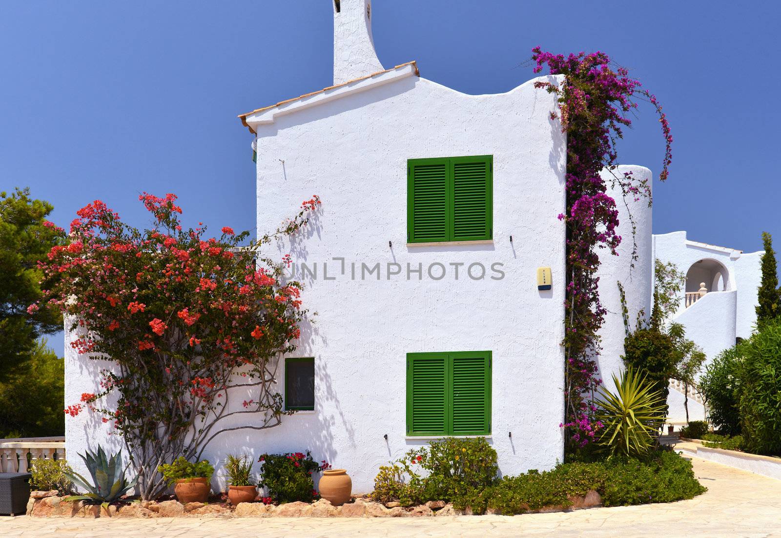 Typical House With Flower Pots in Mallorca, Spain ( Balearic Islands )